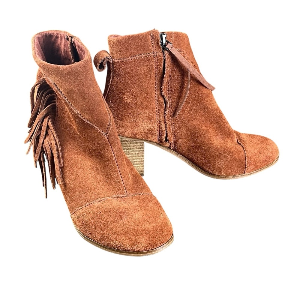 Toms Women's Lunata Boot Fringe‎ Block Heel Cognac Brown Suede Boho Size 7